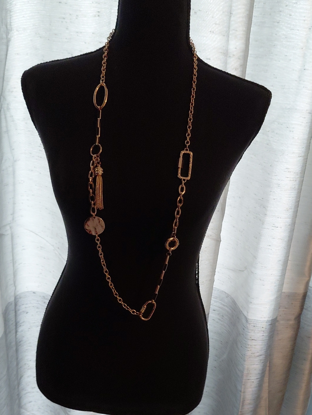 Chico's Long Goldtone,Link Pendant Necklace with Tassel Accent